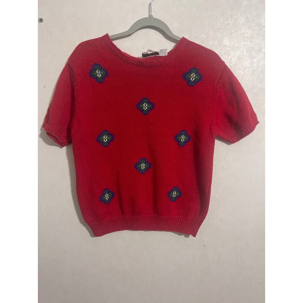 Vintage Red Russ 80s/90s Short Sleeve Knit Floral Sweater Size Medium